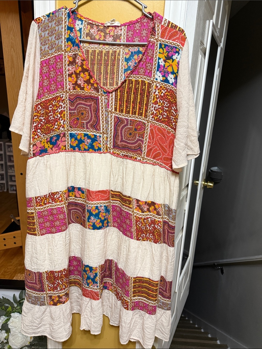 Oddi 2XL Patchwork Boho Tiered Dress Cream Floral Paisley Cottagecore Midi